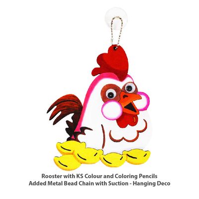 Rooster Colouring Board with KS Colour and Colour Pencils. Added metal bead keychain with suction - hanging decoration.