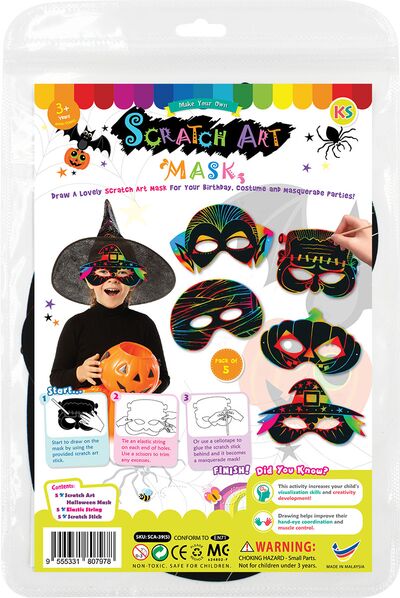 Scratch Art Halloween Mask Kit Pack of 5 - Witch, Pumpkin, Frankenstein, Mummy, Dracula